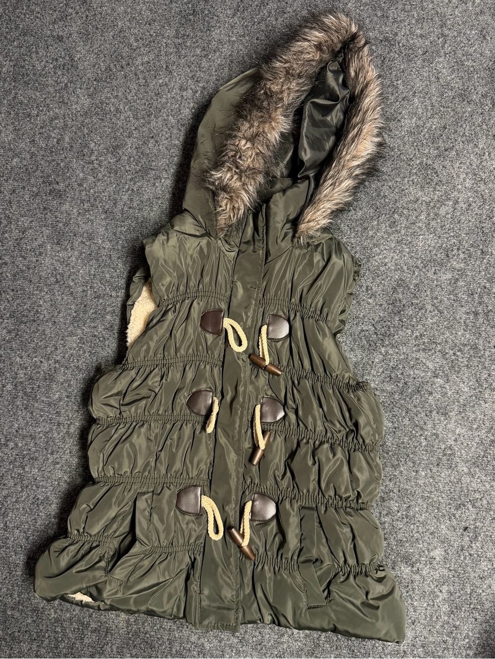 Ci Sono Olive Green Hooded Puffer Vest with Sherpa Lining